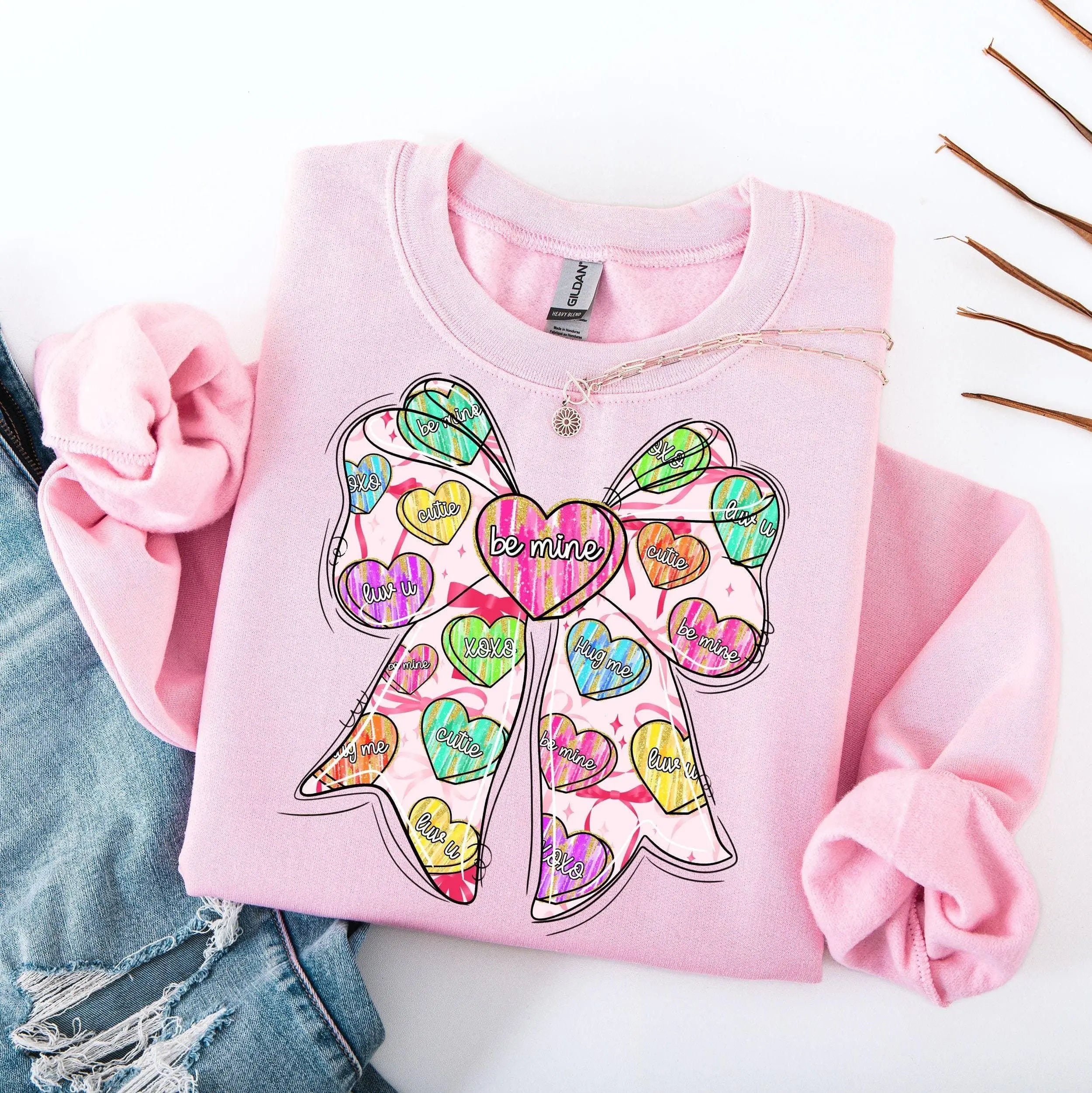 [Sale off up to 50%] Be Mine Valentine Coquette Sweatshirt, Conversation Candy Heart Bow Shirt, Pink Brushstroke Valentine Shirt, XoXo, streetwear graphic tee