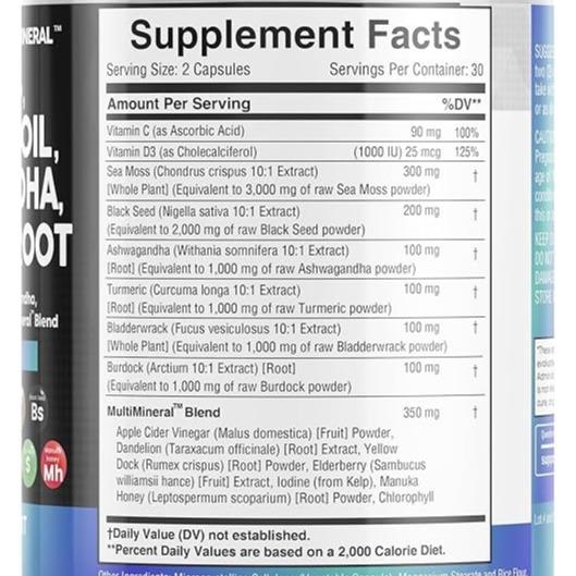 Sea Moss 3000mg Black Seed Oil 2000mg Ashwagandha 1000mg Turmeric 1000mg Bladderwrack 1000mg Burdock 1000mg & Vitamin C & D3 With Elderberry Manuka Dandelion Yellow Dock Iodine Chlorophyll ACV