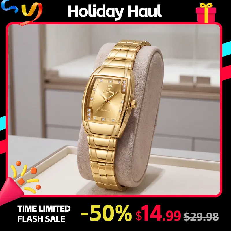 LIEBIG Women's Fashionable Tonneau Barrel-Shape Quartz Analog Watch - Rhinestone Markers, Steel Bracelet with Clasp (Steel Strap Strength), 30m Waterproof, Curved Glass, 22mm Gold/2-Tone (Gold Detailing), Elegant Yet Everyday Style for Office & Daily Wear