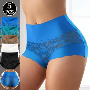 QUASTI 5PCS Women's High Waisted Lace Panties, Smooth Soft Elasticity Fresh Sweet Underwear, Cool Summer Fashion Multi Colored Minimalist Basic Fit Briefs, Daily Wear S-XXL