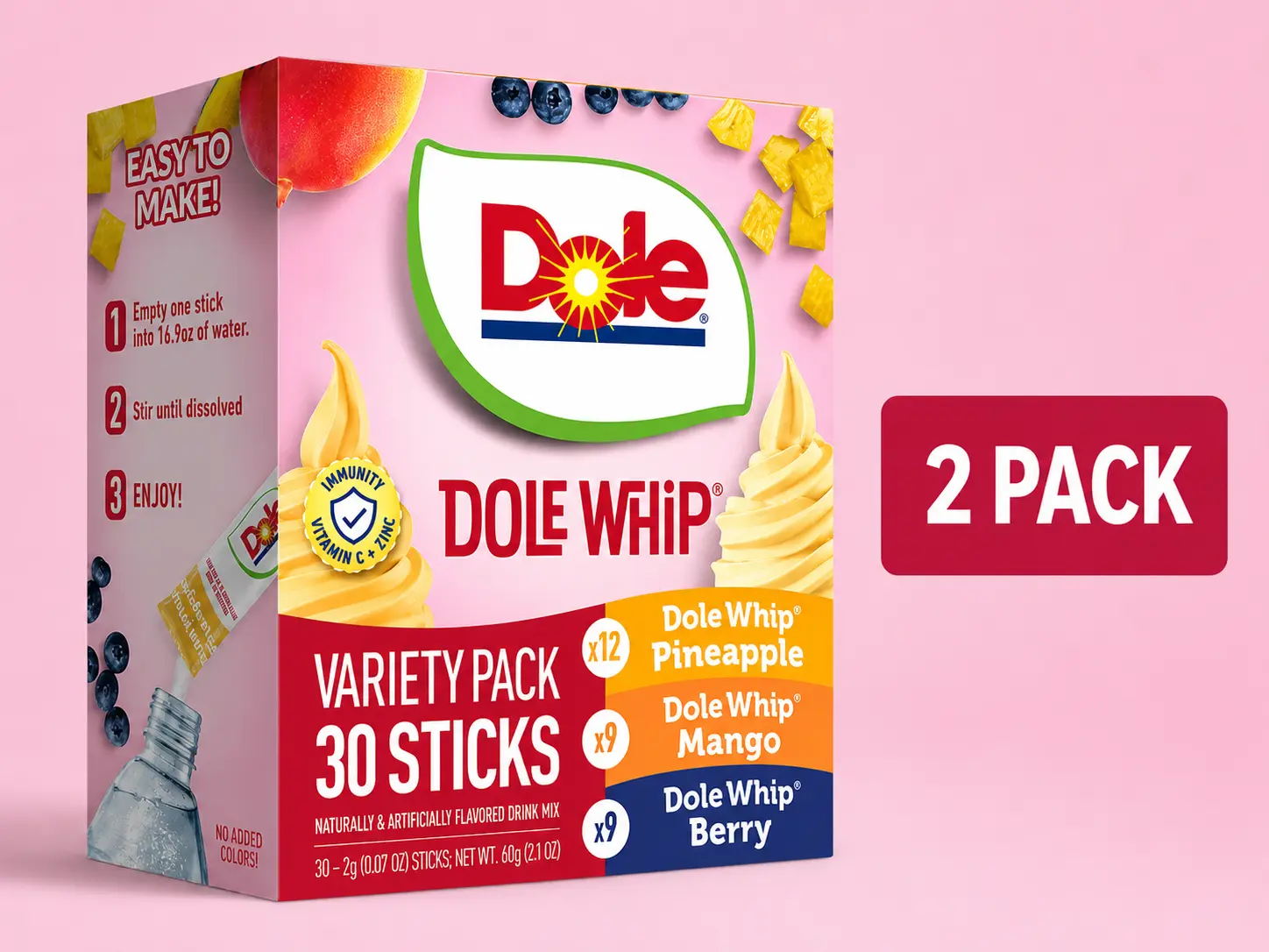 Dole Whip 0-Sugar Powder Drink Mix Variety Pack - 2 Pack, 30 Sticks, Pineapple, Mango & Berry Flavors