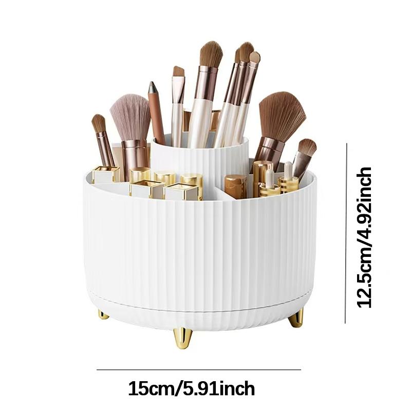 A 360 degree rotating cosmetics storage box - cosmetics storage box, display box with 5 compartments - multifunctional brush, lipstick, skin care and stationery storage box - durable and odorless luxury stripe design desktop storage box Organiser White