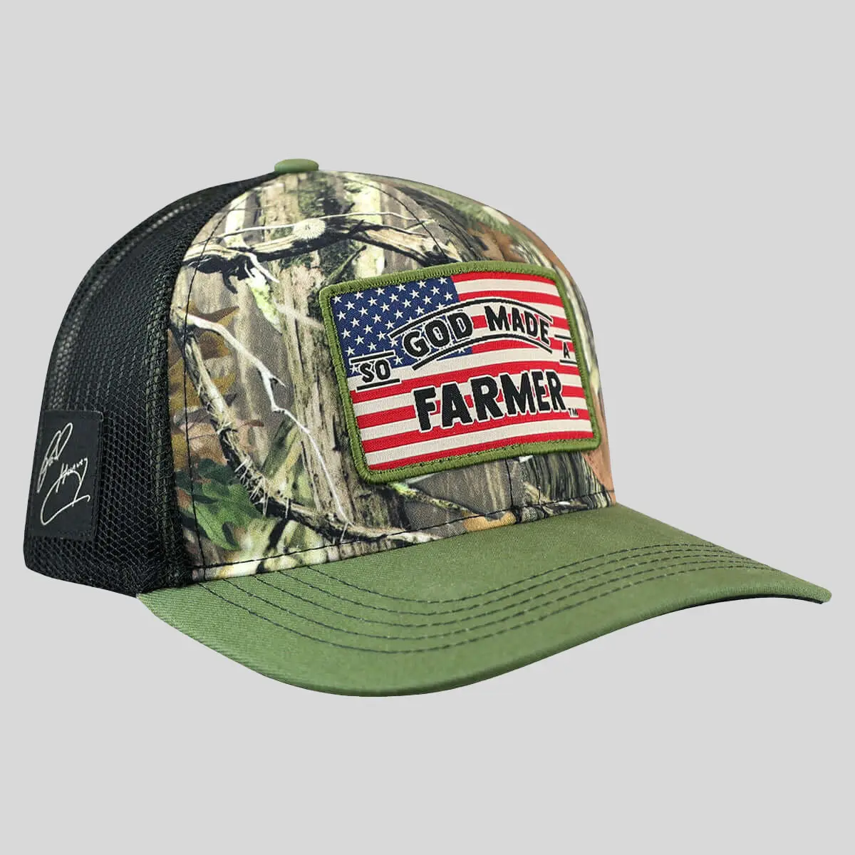 Mens "So God Made A Farmer" Camo Flag Hat, American Patriotic Graphic Hat for Ranch Life, American Patriotic Graphic Hats
