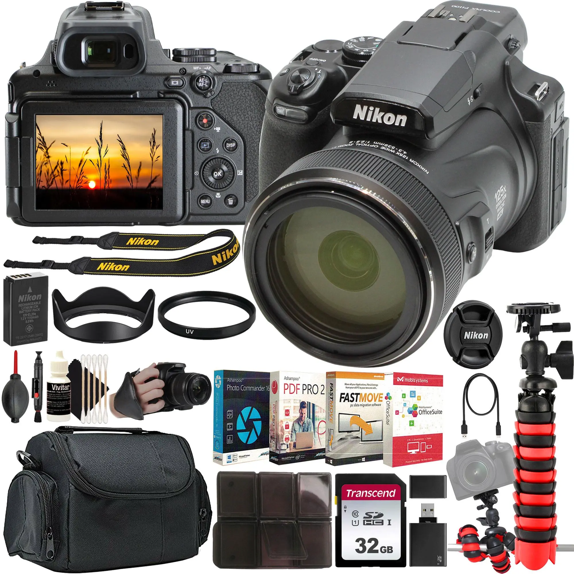 Nikon COOLPIX P1100 Digital Camera + Elite Suite 18 Standard Editing Software Kit + Transcend 32GB SDHC Card + 77mm HD UV Filter + CameraCase + Card Holder + Card Reader + Grip Strap + Large Rubberized Spider Tripod + Cleaning Pen + Dust Blower + Cleaning