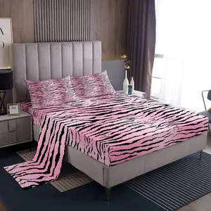 Pink Zebra Sheets with Deep Pocket Fitted Sheet,Zebra Stripes Bed Sheets Set for Boys Girls,Pink Black Sheet Set,Zoo Animal Fur Print Bedding Set