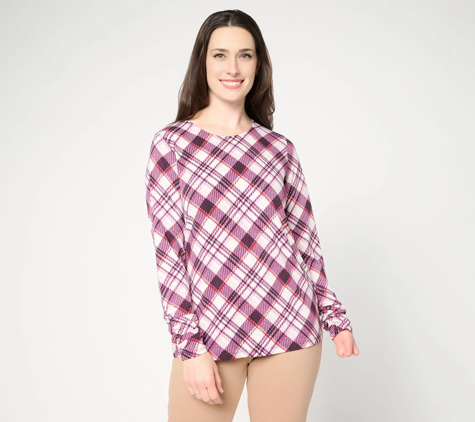 Susan Graver Printed Liquid Knit Ruched Sleeve Top