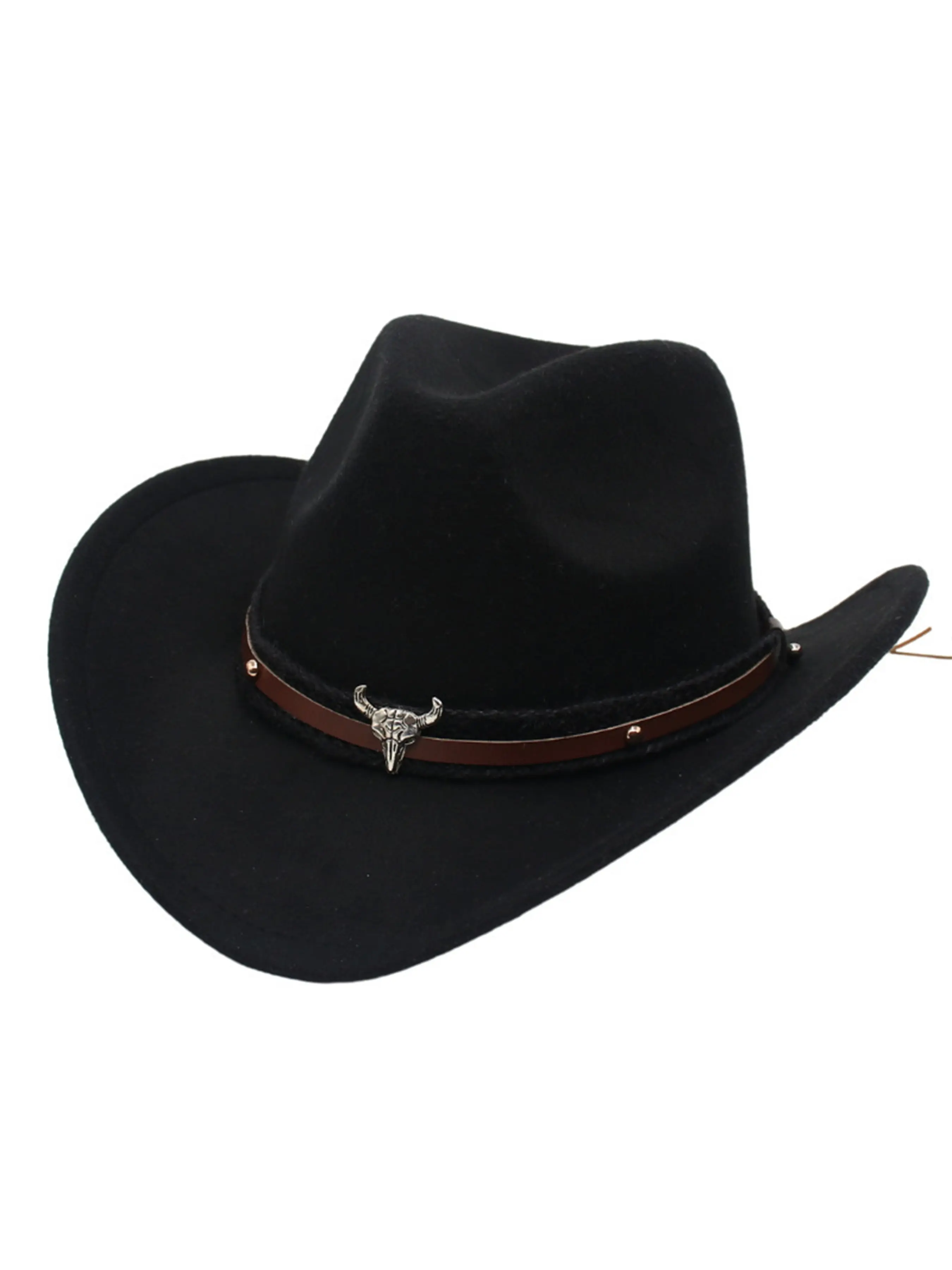 Vintage Western Cowboy Hat with Skull Trim, Classic Wide Brim Felt Hat, Elegant Floppy Hat for Outdoor Events, Halloween, Christmas, New Year, Cowboy Style Hat