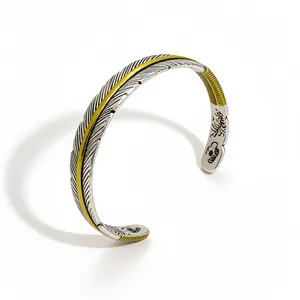 Vintage Retro Feather Open Cuff Bangle Bracelet For Men Two-Tone Antique Silver Gold Stainless Steel Adjustable Open Cuff Trendy Cool Gothic Stylish Unique Non Tarnish Jewelry Ideal Birthday Holiday Gifts Accessories For Teen Adult