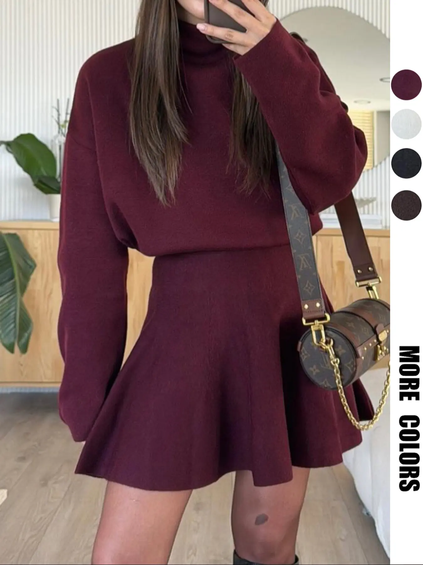 Women's Casual High Neck Long Sleeve Knit Two-Piece Short Dress Set, Loose Fit Sweater Dress, Fall & Winter Fashion