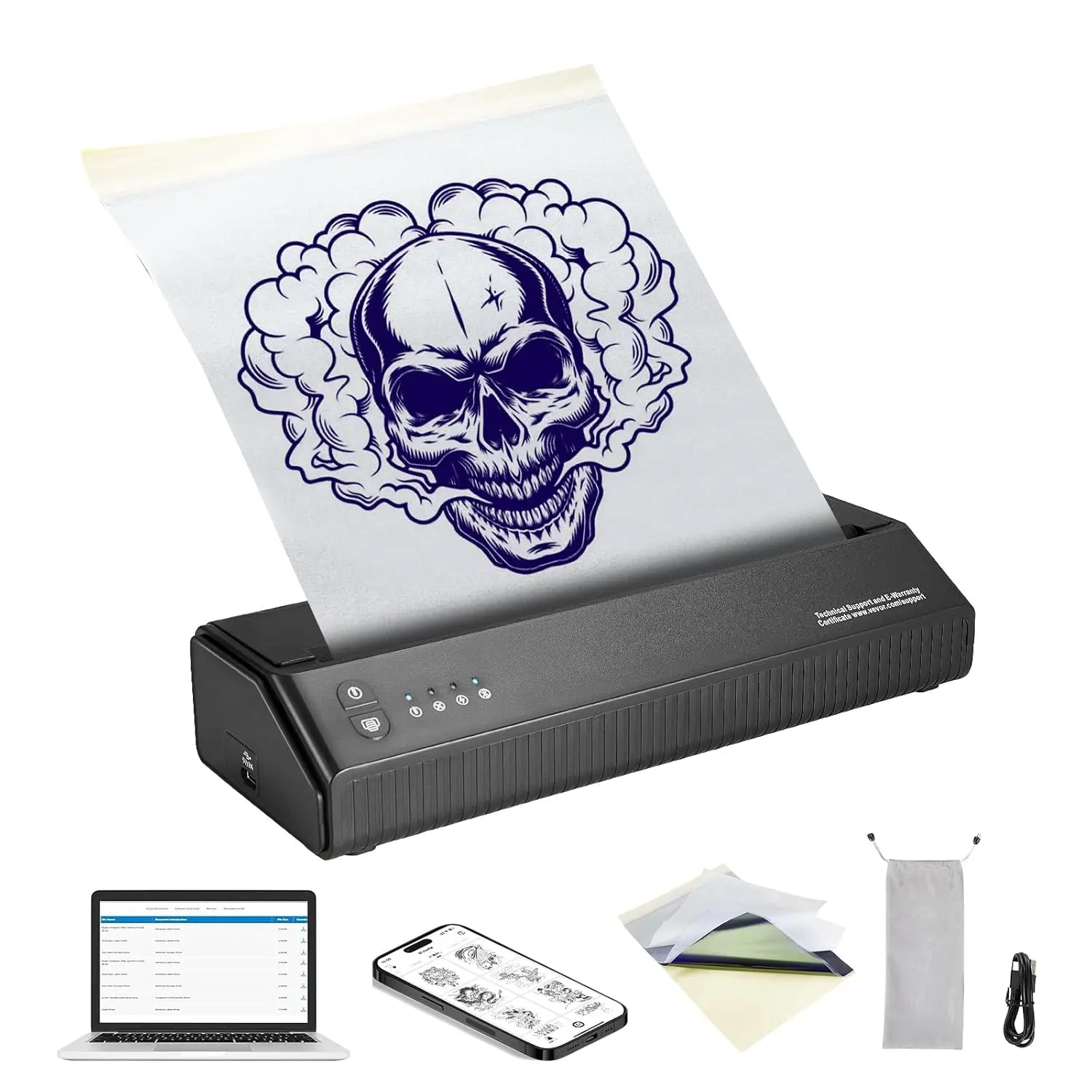 Tattoo Printer Kit - Wireless Bluetooth App Control Machine with 10Pcs Transfer Paper, 2500mAh Battery, Easy-to-Carry Storage Bag, Compatible for iOS&Android Phone, iPad&PC, Prints Up to 350 Tattoo Pages