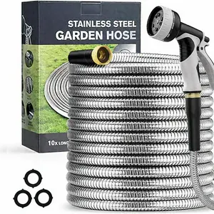 304 Garden Hose Metal 50FT/100FT Stainless Steel Heavy Duty Water Hose with 10 Function Nozzle, No-Kink, Tough & Flexible, Rust Proof for Yard, Outdoor, RV