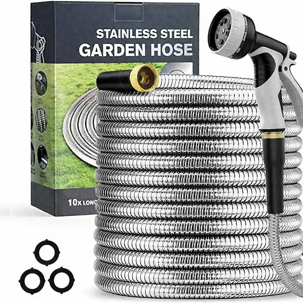 304 Garden Hose Metal 50FT/100FT Stainless Steel Heavy Duty Water Hose with 10 F...