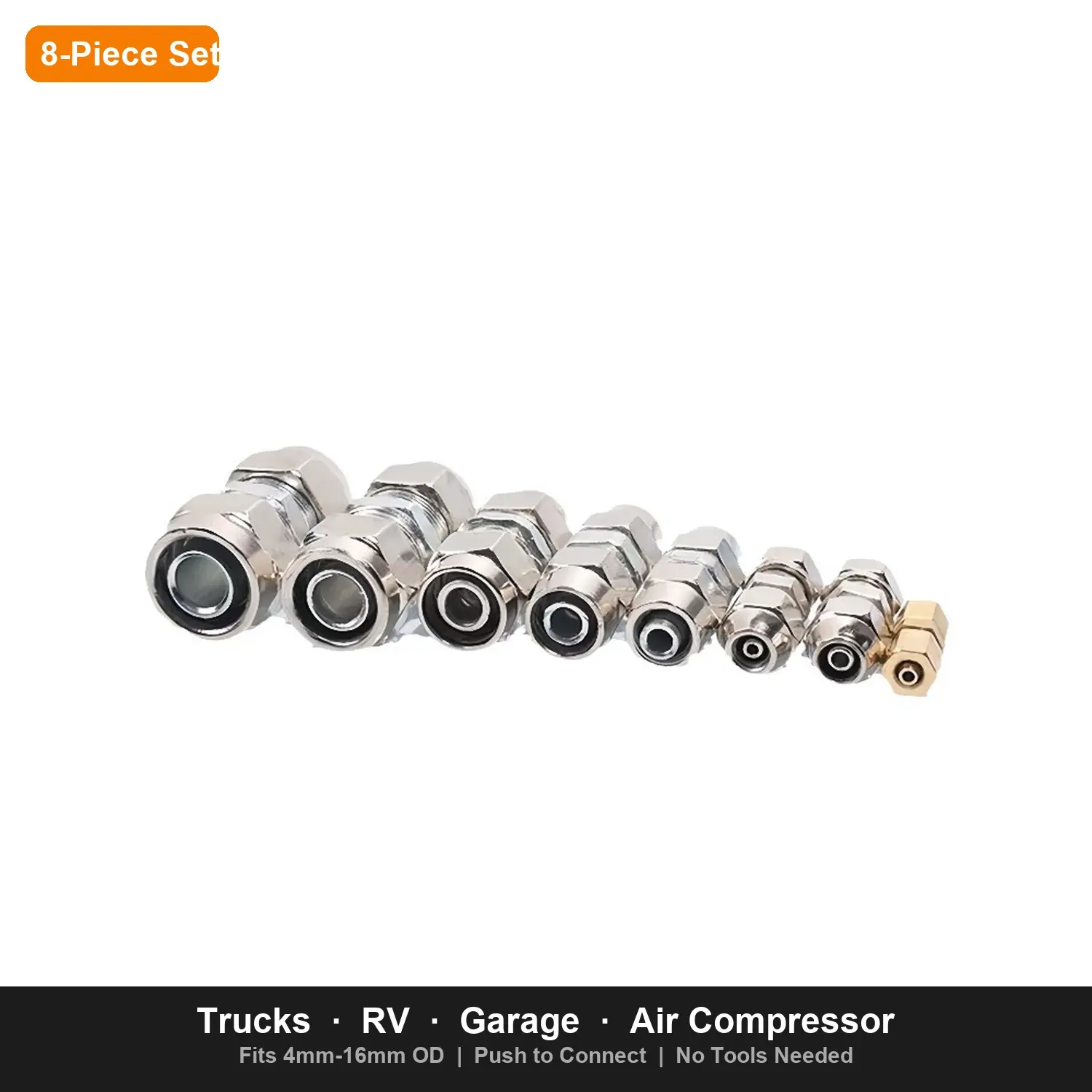 8Pcs Heavy Duty Metal Air Line Fittings - Push-in Quick Connect Pneumatic Hose Connectors, Straight Tubing Joints 4-16mm, Leak-Proof Air Hose Repair Kit for Truck/RV, Lawn Mower Repair, -60°F to +200°F, Quick Connector Pipes, Pipe Fittings & Accessories