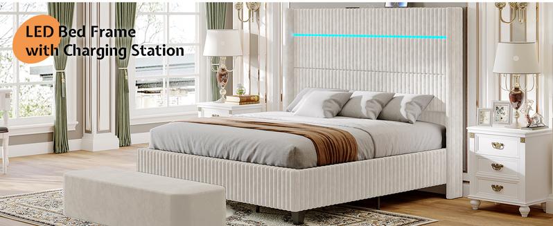 AMERLIFE Modern LED Bed Frame with Charging Station, Corduroy Upholstered Platform Bed with 60" Tall Wingback Headboard/No Box Spring Needed/Luxury Furniture Home Design/Queen/King Size/Best Gift Ideas/Christmas Gifts