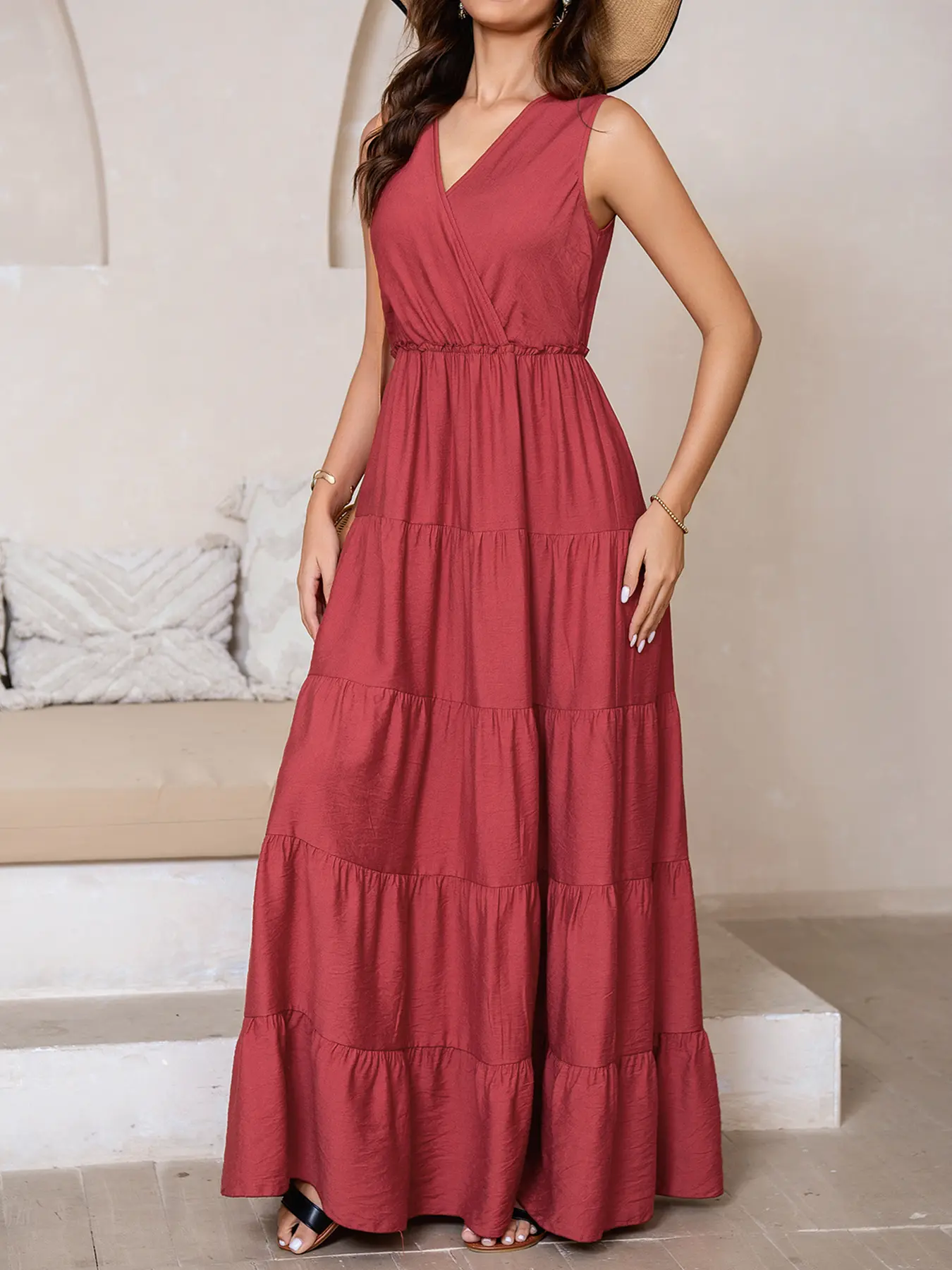 Modest Women's Simple Aesthetic Solid Color V-Neck Sleeveless Fitted Robe  Dress with Ruffled Flounce Hem, Casual Long Gown for Daily Wear Elegance -  TikTok Shop
