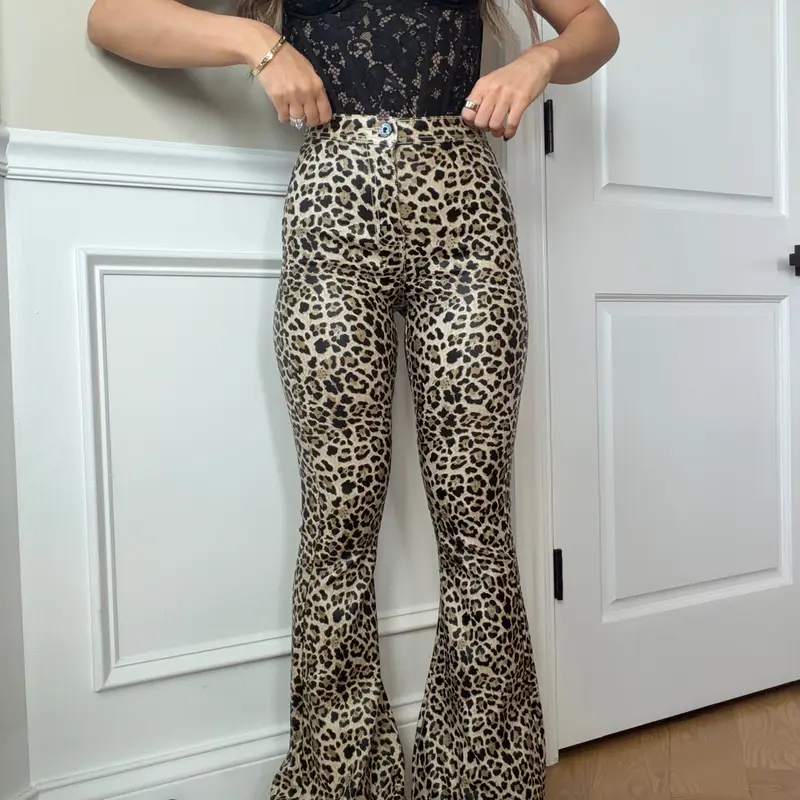 Women's Glute Enhancing Flare Leg Jeans - Fiona Style Sand Brown PU Leather Leopard Print Stretch Bottoms with Cut Hem Flare, Fashion Casual Daily Wear Pants