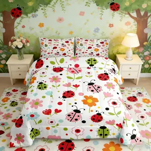 Cute Ladybug Comforter Set,Watercolor Flower Bedding Set,Cartoon Ladybird Floral Down Comforter for All Season,Kids Boys Girls Room Decor,No Sheets