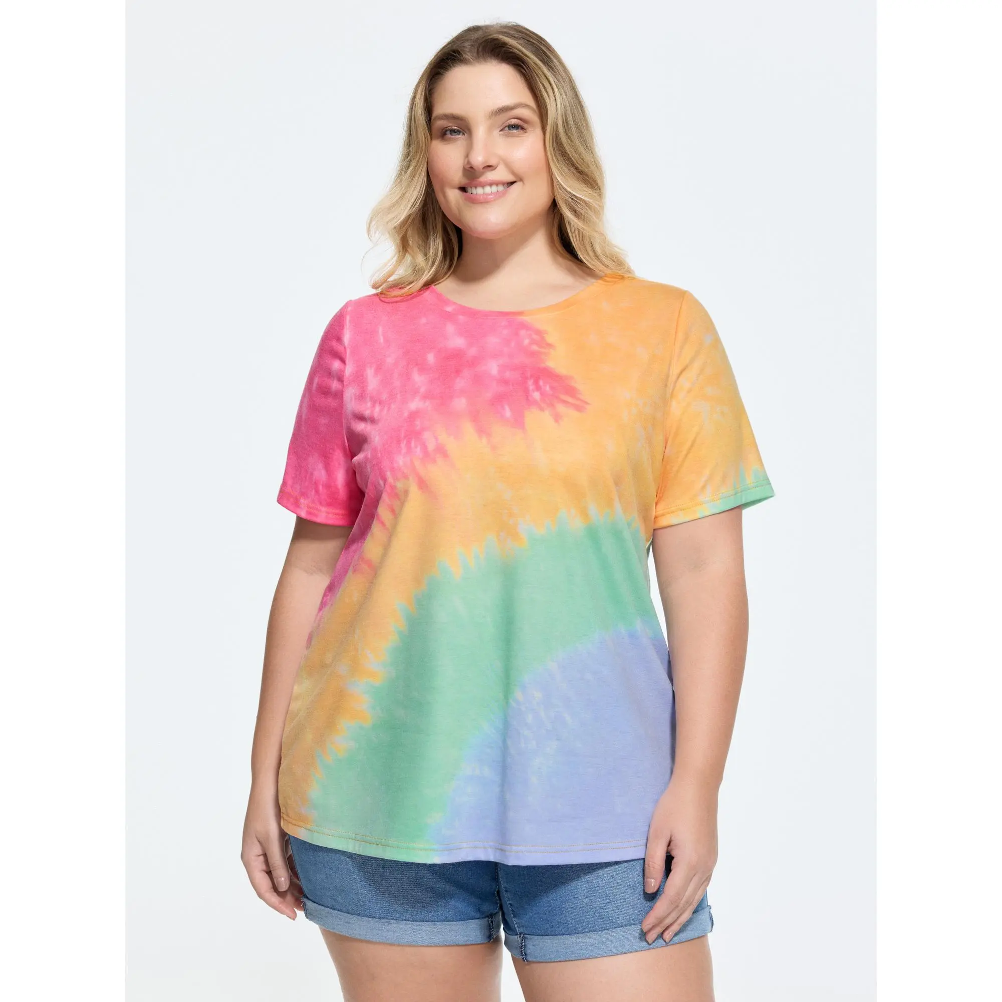 BloomChic Plus Size Short Sleeve T-Shirt in a Playful Tie-Dye Print, Supersoft Breathable Spandex for an Everyday Stretchy Fit, Shortsleeve, Fabric, Tops, Garment, Multicolor, Comfy Casual, Tshirt, Simple, Colorful Style, Plus Size Basics, Breathable Fabr