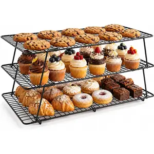 3 Tier Stackable Cooling Rack, Multi-Level Collapsible Cookie Cooling Rack for Baking Cooking Roasting, Oven Safe & Easy Clean Black Cooling Rack for Cakes