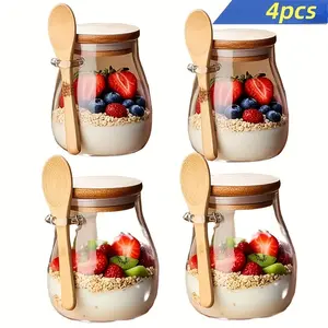Glass Oatmeal Cups Set, High-Quality Borosilicate Glass, Overnight Oatmeal Bowl, Salad Bowl, Oatmeal Jar with Lid and Spoon, Healthy Breakfast Container, Healthy Food Prep Containers