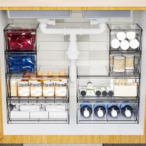 4 Pack Clear Stackable Storage Drawers,4.4'' Tall Acrylic Bathroom Makeup Organizer and Medicine,Baby Bottle Storage Containers Box,Plastic Pull Out Storage Bin for Vanity Countertop,Desk Cabinet Case Gift Kitchen