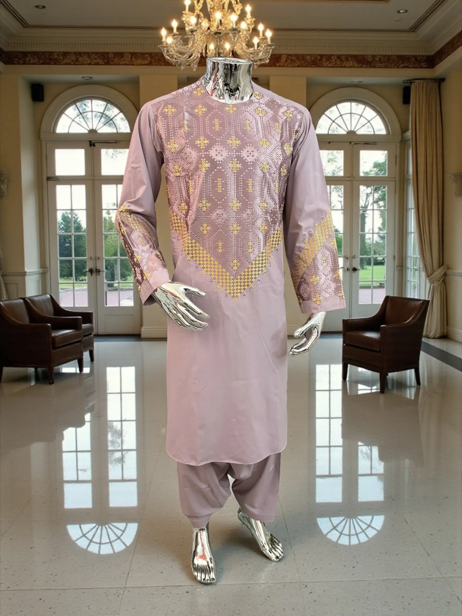 Medium Men’s Lavender Parahan Tumban with Gold Embroidery | Traditional Afghan Outfit | Luqmaan Boutique
