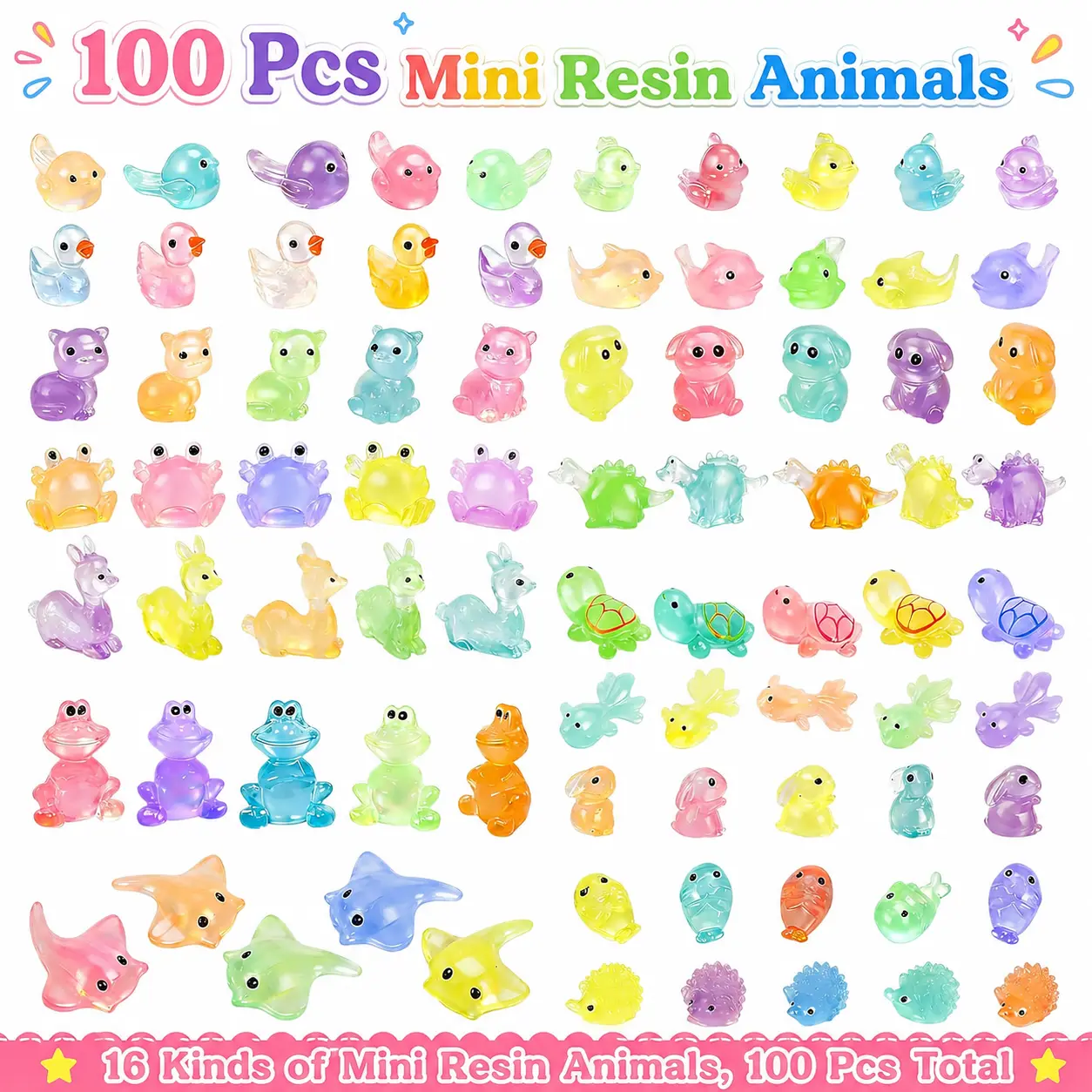 100 Pcs Mini Resin Animals Glow in The Dark Tiny Ducks to Hide, Luminous Small Animal Figurines Bulk for Aquarium Decorations, Various Animals with a Storage Box, Fairy Garden Accessories