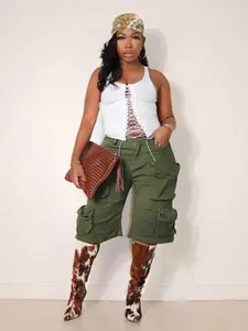 New Military Multi-Pocket Workwear High-Waisted Loose Wide-Leg Design Casual Five-Quarter Pants, Stylish and Comfortable Womenswear, Fashion Pocket Shorts