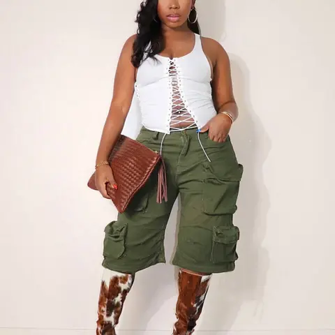 New Casual Multi-Pocket High-Waisted Wide-Leg Shorts, Stylish and Comfortable Womenswear, Loose Workwear, Casual Comfy Shorts, Army Green