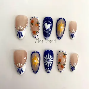 Boho Patch work French Tip Nail , Porcelain Pattern Talavera handpainted press on nails, Heart and orange free style holiday Gifts for Her
