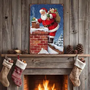 Aluminum Vintage Santa Chimney Wall Decor for Home Rustic Christmas Fireplace Sign Retro Santa Claus Aluminum Plaque