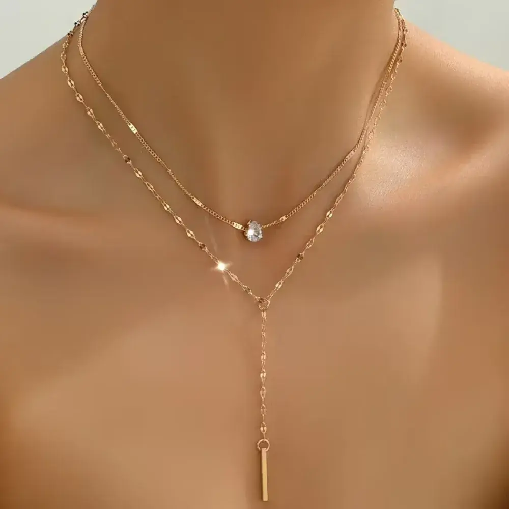 Trendy Y-shaped Waterdrop-shaped Zircon Crystal Pendant Vertical Bar Lariat Chain Tassel Double-layer Necklace for Women Jewelry