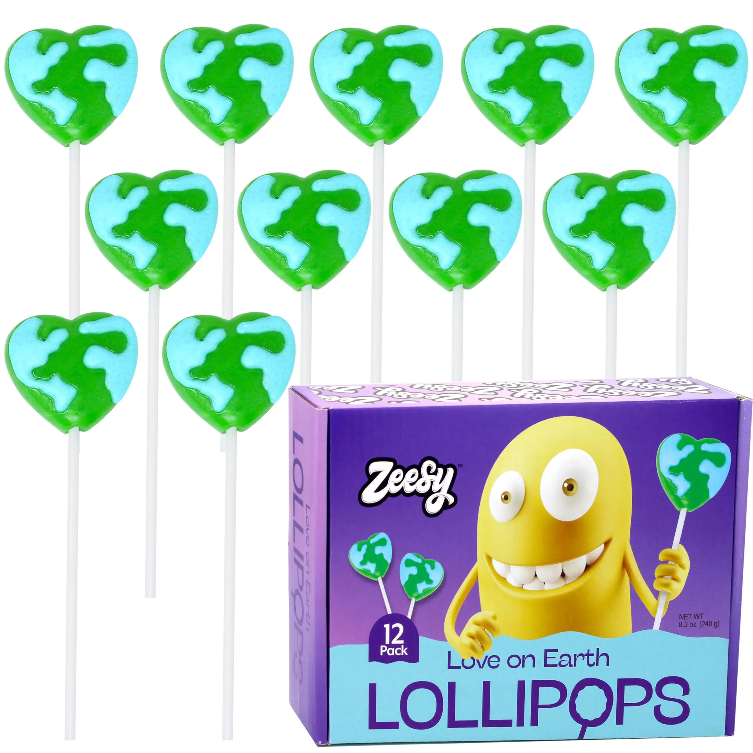 Zeesy Heart Shape Sugar-Based Candies - 12-Pack Individually Wrapped Sweet Snack Lollipops for Party Favors