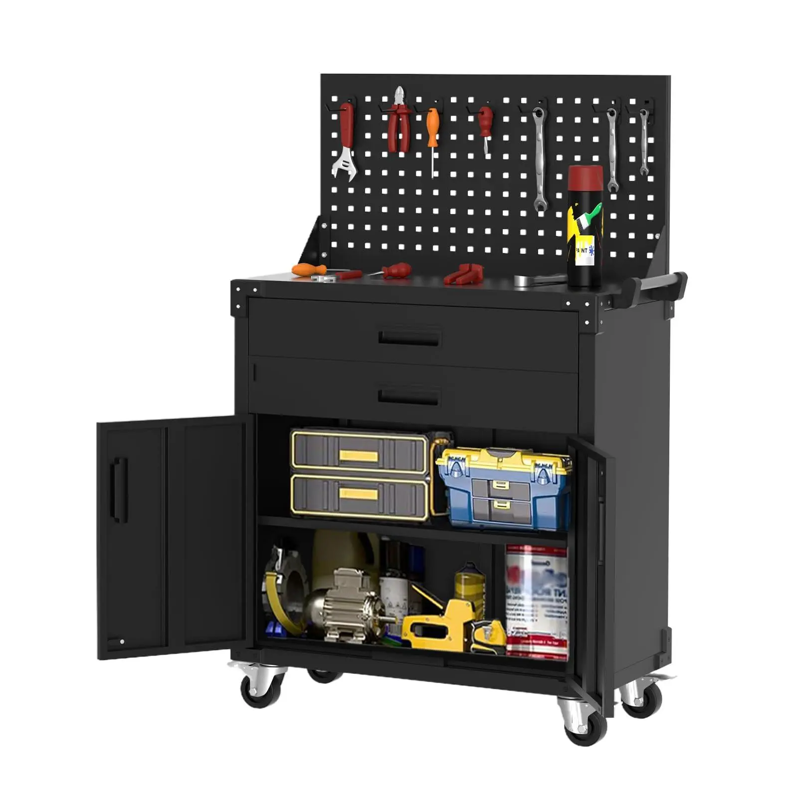 Gaomon 35" Mobile Steel Tool Chest Cabinet - Garage Storage, 2 Drawers + Adjustable Shelf, Pegboard Top, Heavy-Duty 0.6MM Coated Metal Rolling Base for Smooth Mobility, Versatile Workshop Workbench