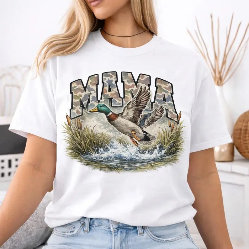 Comfort Colors Mama Mallard Ducks T-Shirt | Camouflage Lettering, Flying Duck Design, Retro Mallard Duck Shirt, Hunting Season, Fall Duck
