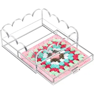 5" x 5" Scalloped Clear Acrylic Tray with Drawer, Multi-use Organizer for Needlepoint Insert, Custom Photos, Art, Jewelry, Napkin - Modern Desk Decor Ideal Gift