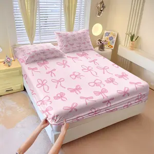 Bow Theme Fitted Sheet Set, Soft Bedding Sheet, Includes 1 Fitted Sheet & 2 Pillowcases, Low saturation soft powder, Soft and comfortable gift, Suitable for all seasons, Multiple styles to choose from