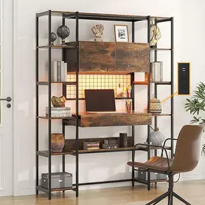 5 Tiers Bookshelf, 70.87" Tall Bookshelves, Bookcase with 2 Doors, 12 Open Shelves, Drawer, Storage Cabinet, LED Light and Power Outlets for Living Room or Home Office
