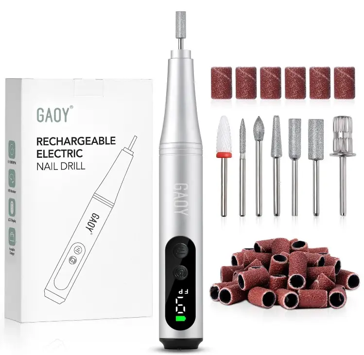 GAOY Cordless Electric Nail File for Beginners, Nail Drill with Drill Bits and Sanding Band Set for Acrylic Gel Nails, Hand Feet Trimmer Buffer Tool, Sliver