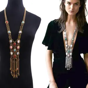 Exaggerated Alloy Necklace Bohemian Retro Ethnic Style Long Tassel Sweater Chain Pendant Retro Color Stone Necklace Long Style Gift for Girlfriend Christmas Gift for Friends