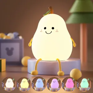 LED Cute Pear Night Light, Adjustable Brightness Baby Lamp, Super Soft Silicone USB Rechargeable Touch Control 7 Color Kids Night Light, Squishy Night Light