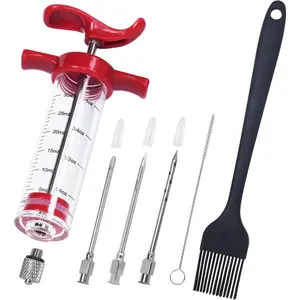 Meat Injector Syringe, Premium Meat Injector Kit - 3 Stainless Steel Meat Needles, Plastic Turkey Injector with Pastry Brush, 1oz Food Injector for Meat with Cleaning Brush, Easy to Use & Clean