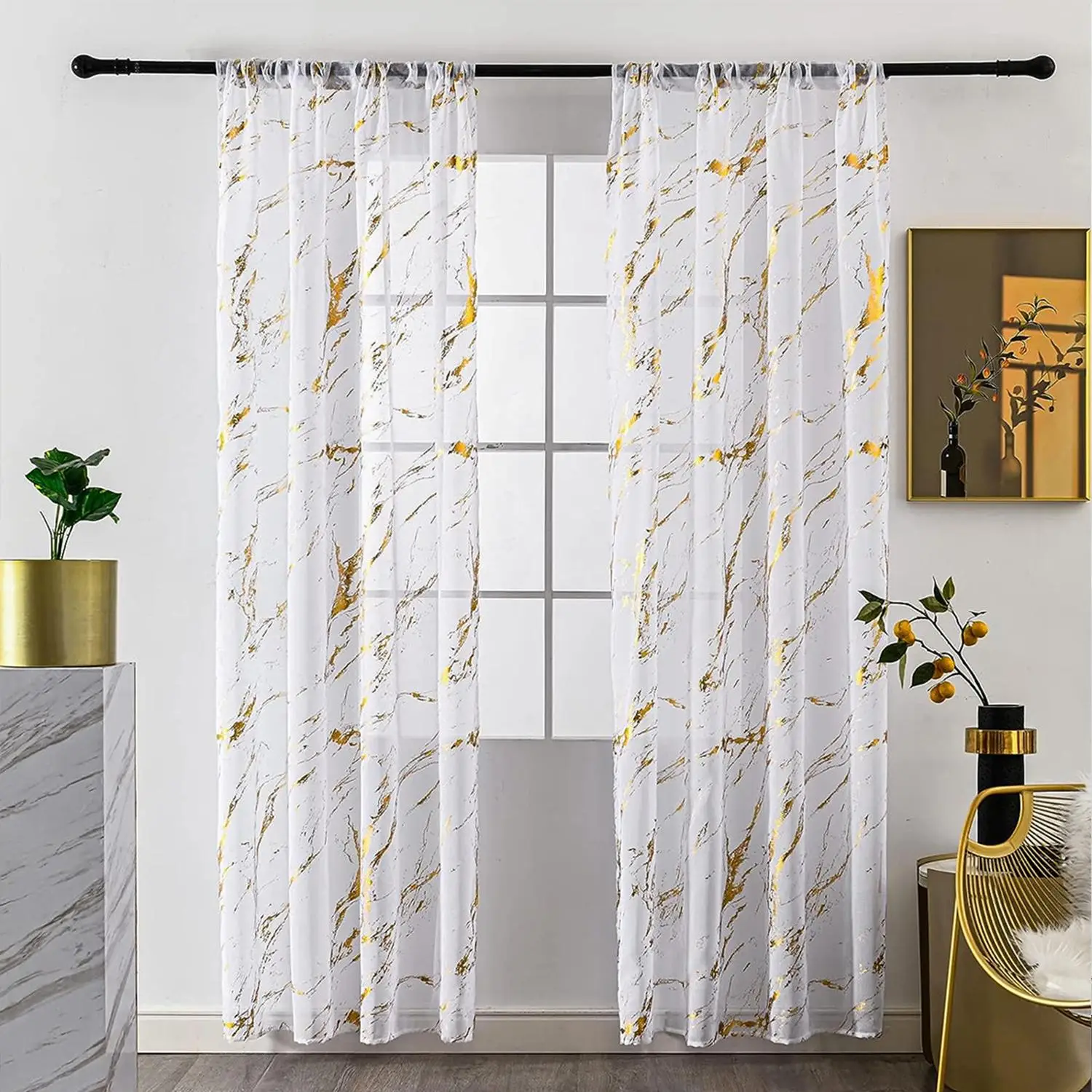 Marble Print Curtain, 2 Counts Modern Simple Sheer Curtain, Window Drapes for Home Living Room Bedroom Office Decor