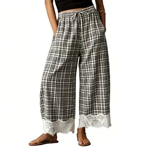 Kingapril Womens Lace Hem Gingham Barrel Pants Wide Leg Elastic Drawstring Waist Lounge Pants Plaid Trousers with Pockets