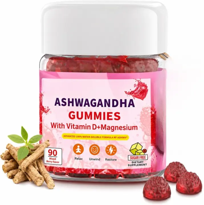 Ashwagandha Gummies for Calm &Stress Relief | With Magnesium + Vitamin D, Sugar-Free ，90 Count, Vegan, Daily Ashwa Supplements