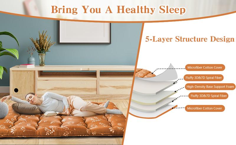 【GARVEE】Japanese Futon Mattress, Futon Floor Mattress Japanese Style Floral Pattern Mattress for Floor, Tatami Mat, Sleeping Mattress Pad for Camping Travel (Flowers-red, Full(80"L x 54"W))