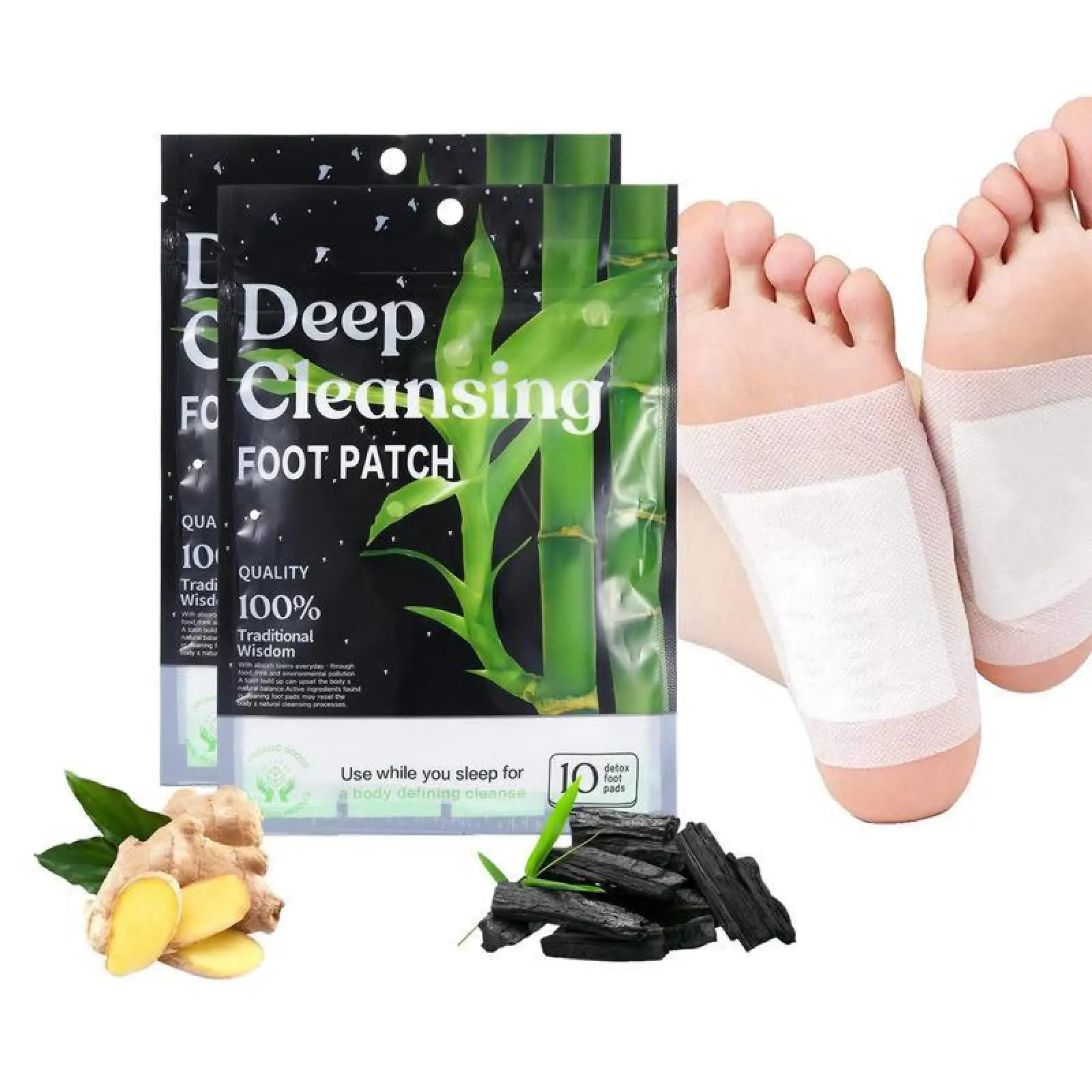 Detox Foot Pads - Natural Health Wellness Therapy Solution with Bamboo Vinegar, Bamboo Charcoal, Ginger, Mugwort for Good Night Cleansing, Stress Relief, Pain Relief, Good Night Cleanse