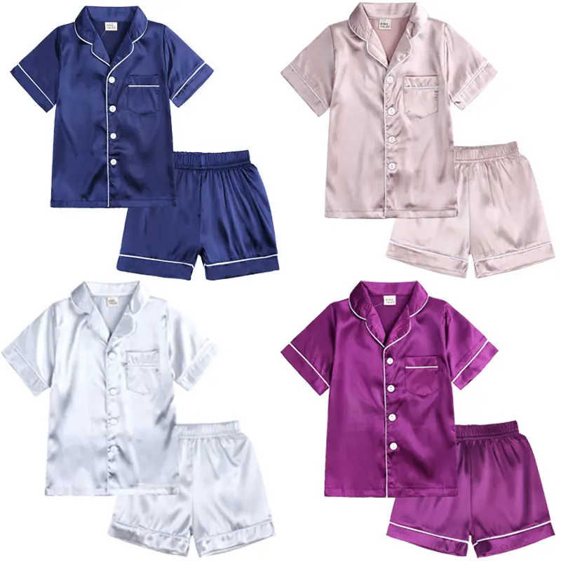 Kids' Summer Sleepwear|   Ice Silk Blend Pajama Set|   Breathable Satin-Like Rompers for Boys & Girls 4T-10Y (Adjustable Straps & Fold Over Mittens with UPF 50+ Sun Protection) Pajamas Shorts Blue