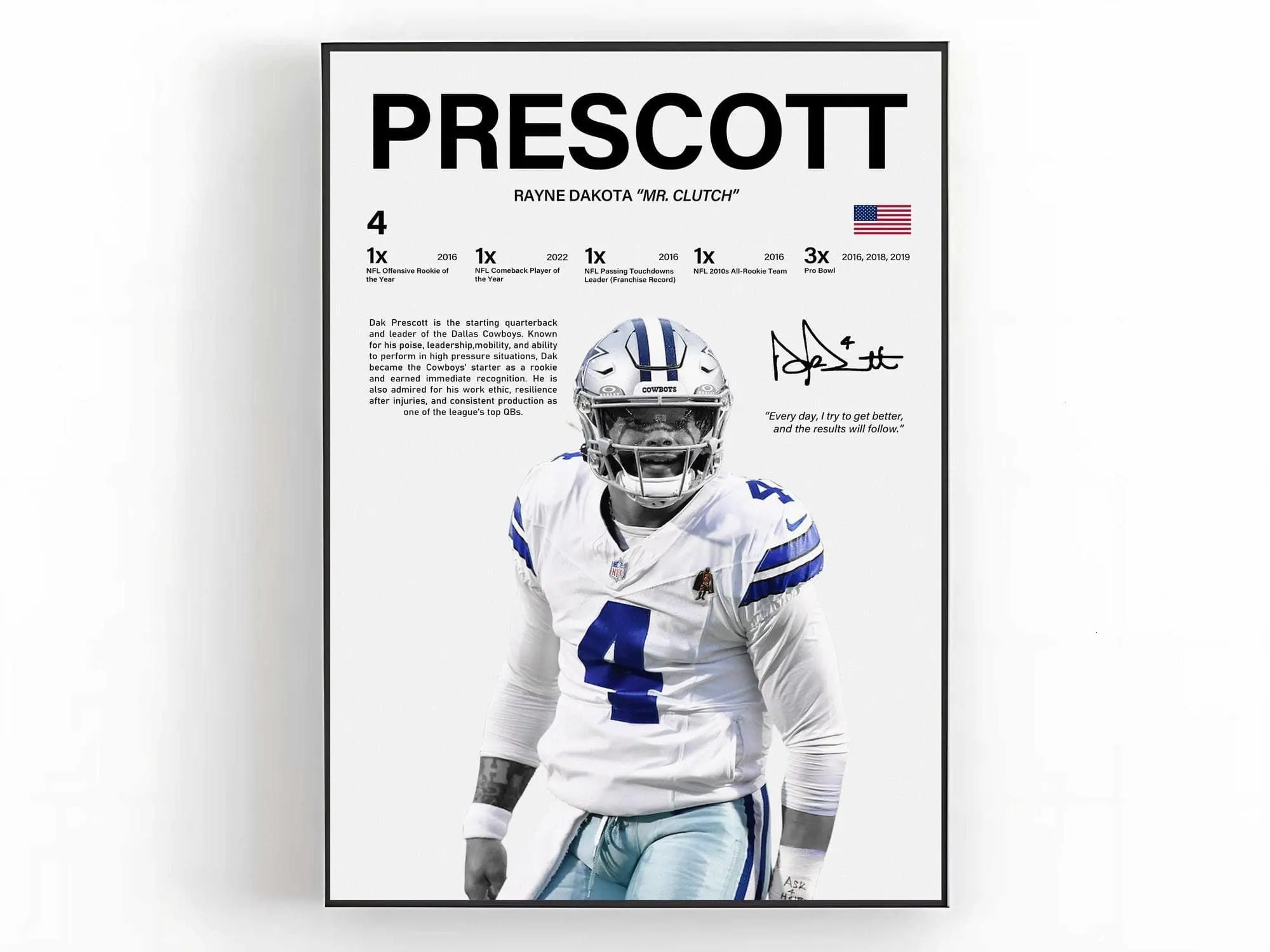 Dak Prescott Poster  Wall Art Print Sports Room Decor Fan Gift ( Unframed - Print Only )