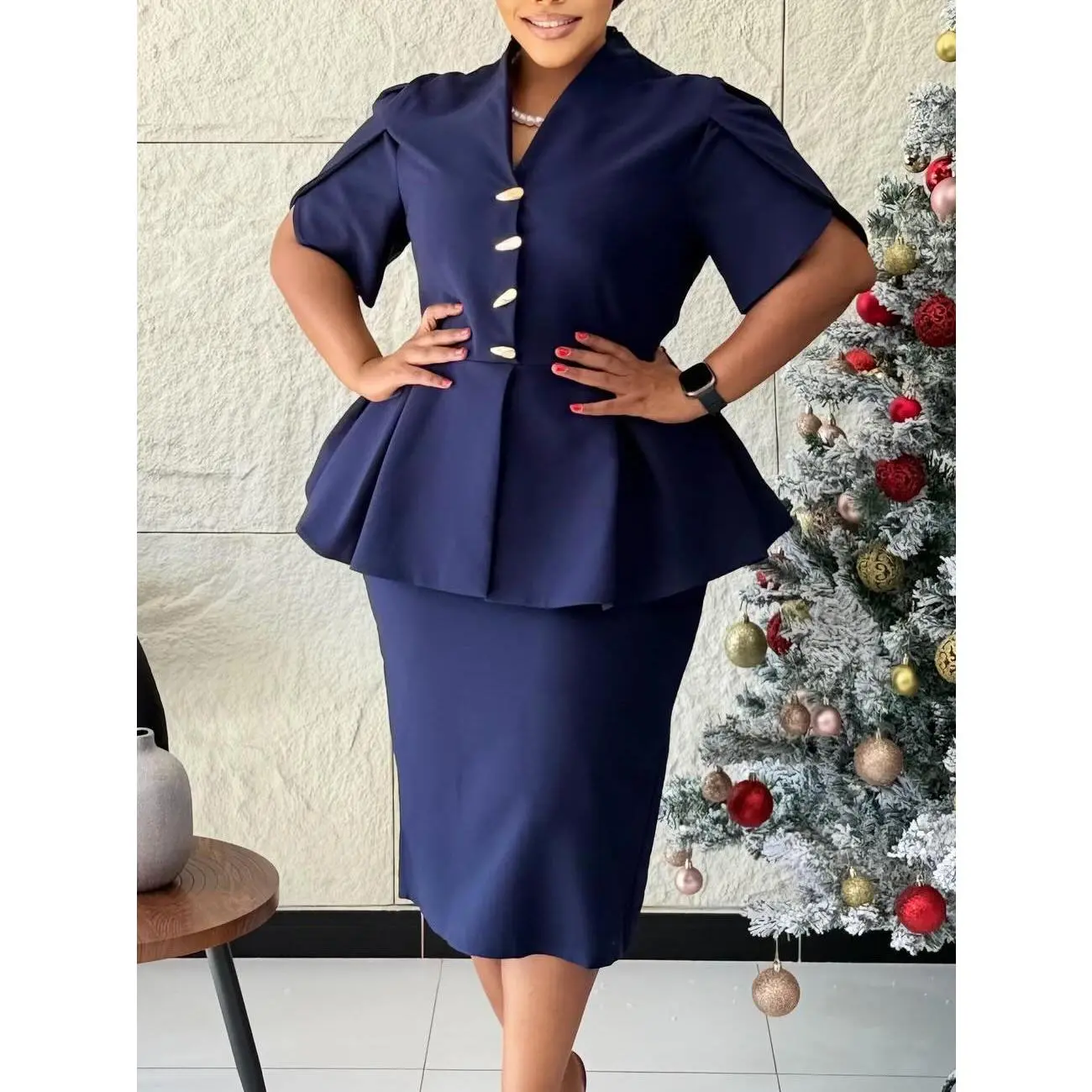 Women's Plus-Size Navy Blue Peplum 2-Piece Dress Set, Chic Minimalist  Office Work Suit with Button Accents, Short-Sleeve and Half-Sleeve Options  - TikTok Shop